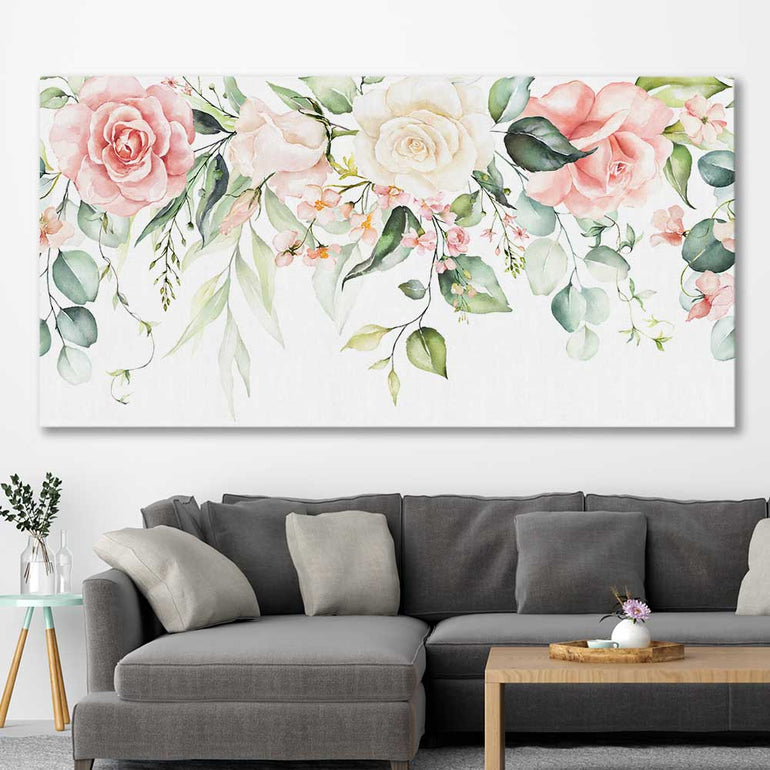 Floral print of Vivid Blossom on a stretched canvas displayed in a room