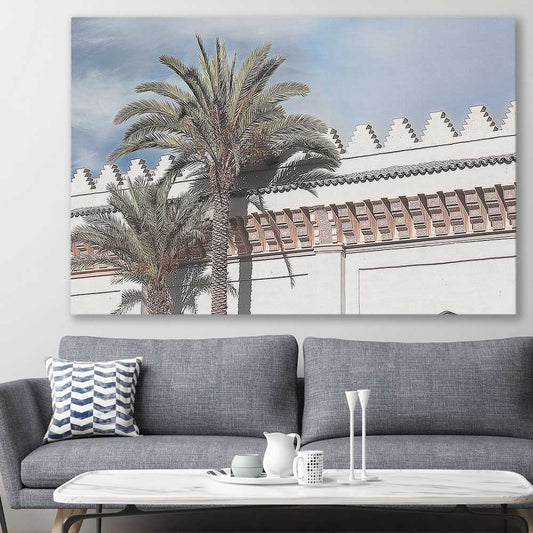 Floral print of Wanderlust Palms on a stretched canvas displayed in a room