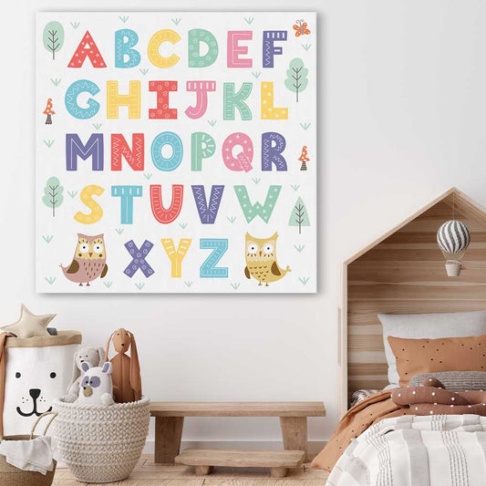 Alphabet Colours stretched canvas displayed in a room is a nursery canvas wall art and print suited for childrens nursery area