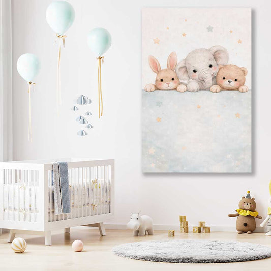 Baby Animal Trio stretched canvas displayed in a room is a nursery canvas wall art and print suited for childrens nursery area