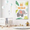 Be Unique stretched canvas displayed in a room is a nursery canvas wall art and print suited for childrens nursery area