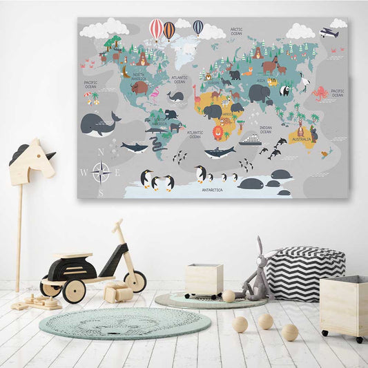 Cartoon World Map stretched canvas displayed in a room is a nursery canvas wall art and print suited for childrens nursery area
