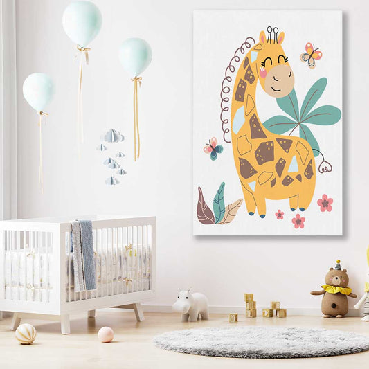 Cheerful Giraffe stretched canvas displayed in a room is a nursery canvas wall art and print suited for childrens nursery area