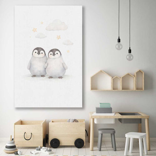 Cute Penguins stretched canvas displayed in a room is a nursery canvas wall art and print suited for childrens nursery area