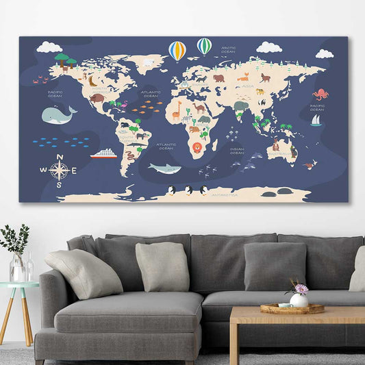 Discovery Map stretched canvas displayed in a room is a nursery canvas wall art and print suited for childrens nursery area