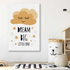 Dream Big stretched canvas displayed in a room is a nursery canvas wall art and print suited for childrens nursery area