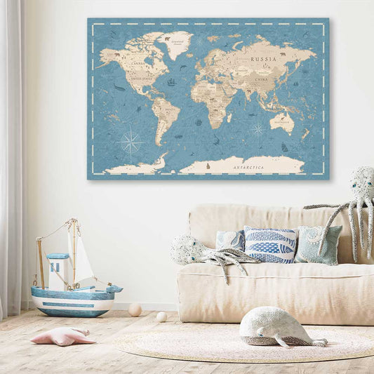 Education Map Blue stretched canvas displayed in a room is a nursery canvas wall art and print suited for childrens nursery area