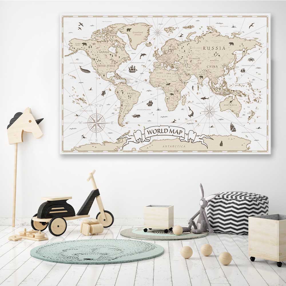 Education Map stretched canvas displayed in a room is a nursery canvas wall art and print suited for childrens nursery area