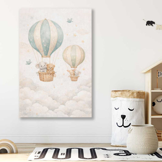 Floating Dreams stretched canvas displayed in a room is a nursery canvas wall art and print suited for childrens nursery area