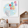 Flying Baby Elephant stretched canvas displayed in a room is a nursery canvas wall art and print suited for childrens nursery area