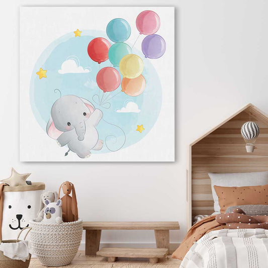Flying Baby Elephant stretched canvas displayed in a room is a nursery canvas wall art and print suited for childrens nursery area