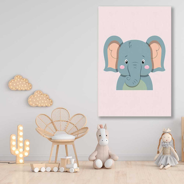 Friendly Elephant stretched canvas displayed in a room is a nursery canvas wall art and print suited for childrens nursery area