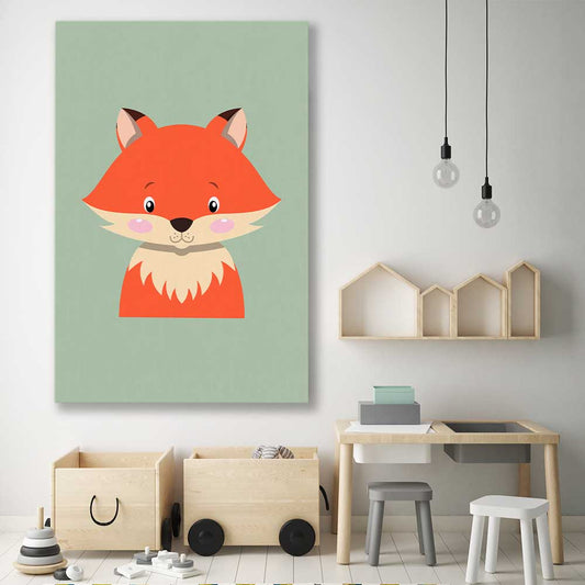 Friendly Fox stretched canvas displayed in a room is a nursery canvas wall art and print suited for childrens nursery area