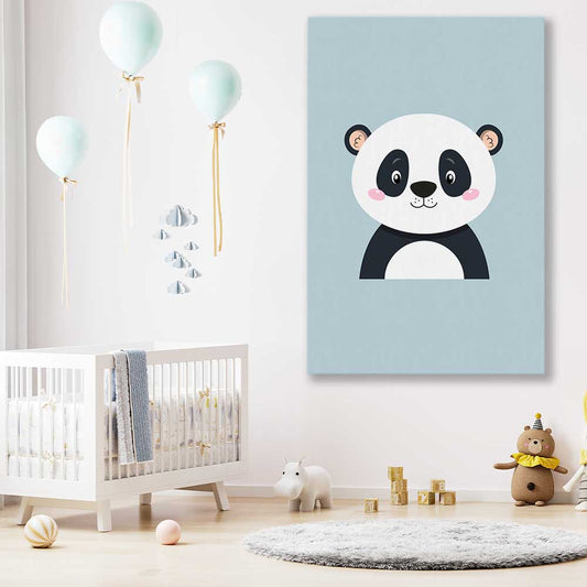 Friendly Panda stretched canvas displayed in a room is a nursery canvas wall art and print suited for childrens nursery area