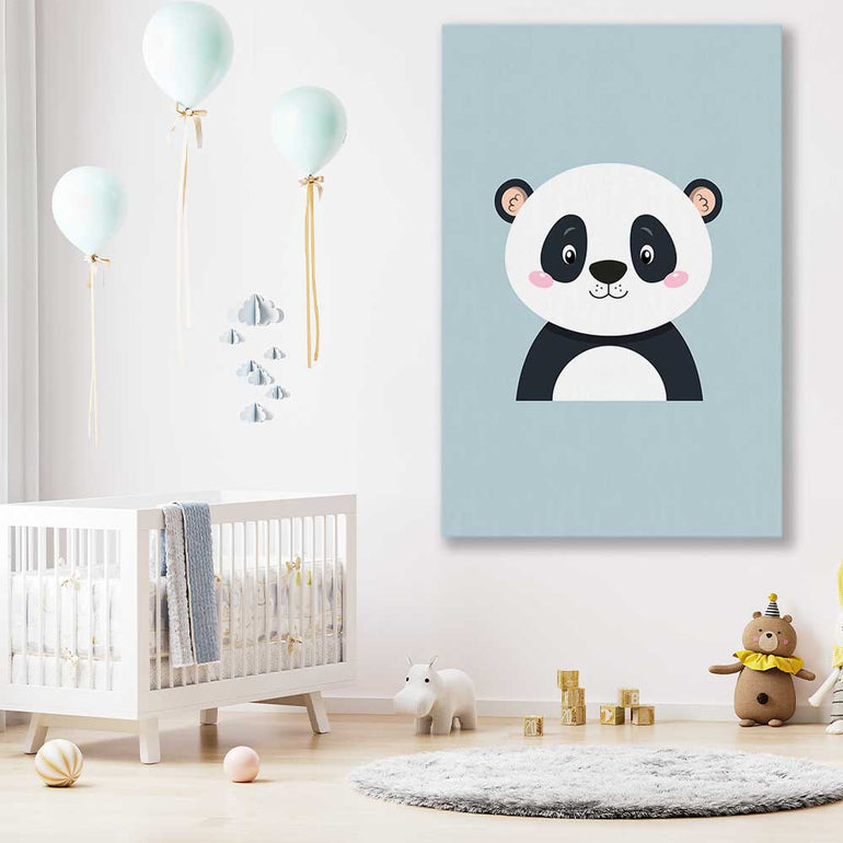 Friendly Panda stretched canvas displayed in a room is a nursery canvas wall art and print suited for childrens nursery area