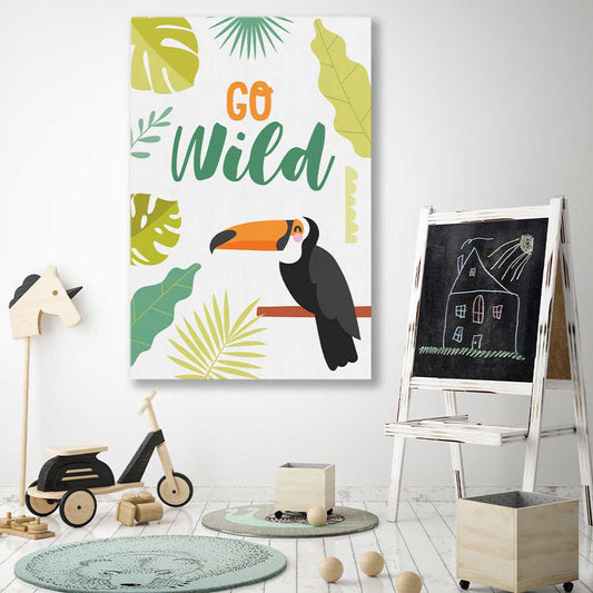 Go Wild stretched canvas displayed in a room is a nursery canvas wall art and print suited for childrens nursery area