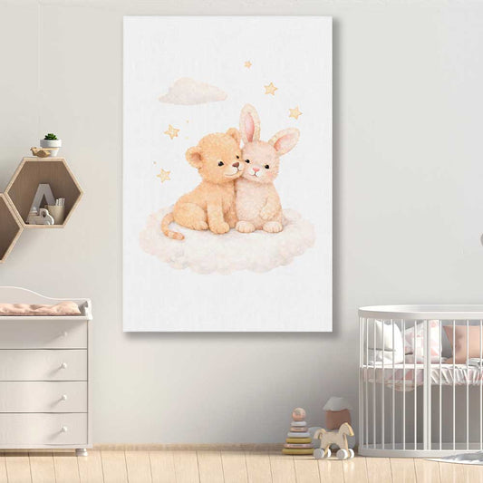 Hugs of Happiness stretched canvas displayed in a room is a nursery canvas wall art and print suited for childrens nursery area