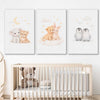 Moonlight Companions Set stretched canvas displayed in a room is a nursery canvas wall art and print suited for childrens nursery area