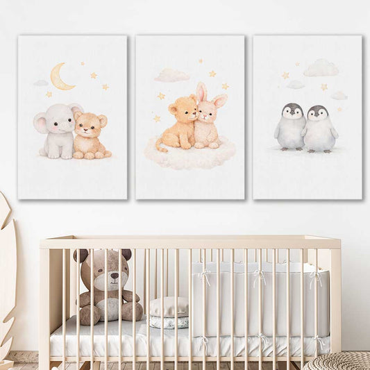 Moonlight Companions Set stretched canvas displayed in a room is a nursery canvas wall art and print suited for childrens nursery area