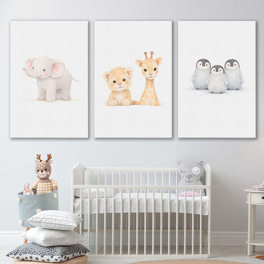 Little Animals Set stretched canvas displayed in a room is a nursery canvas wall art and print suited for childrens nursery area
