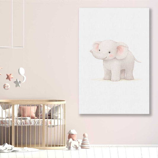 Little Elephant stretched canvas displayed in a room is a nursery canvas wall art and print suited for childrens nursery area