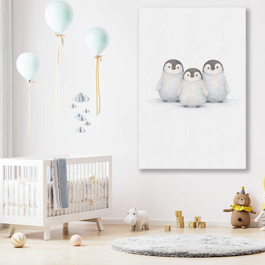 Little Penguin Trio stretched canvas displayed in a room is a nursery canvas wall art and print suited for childrens nursery area