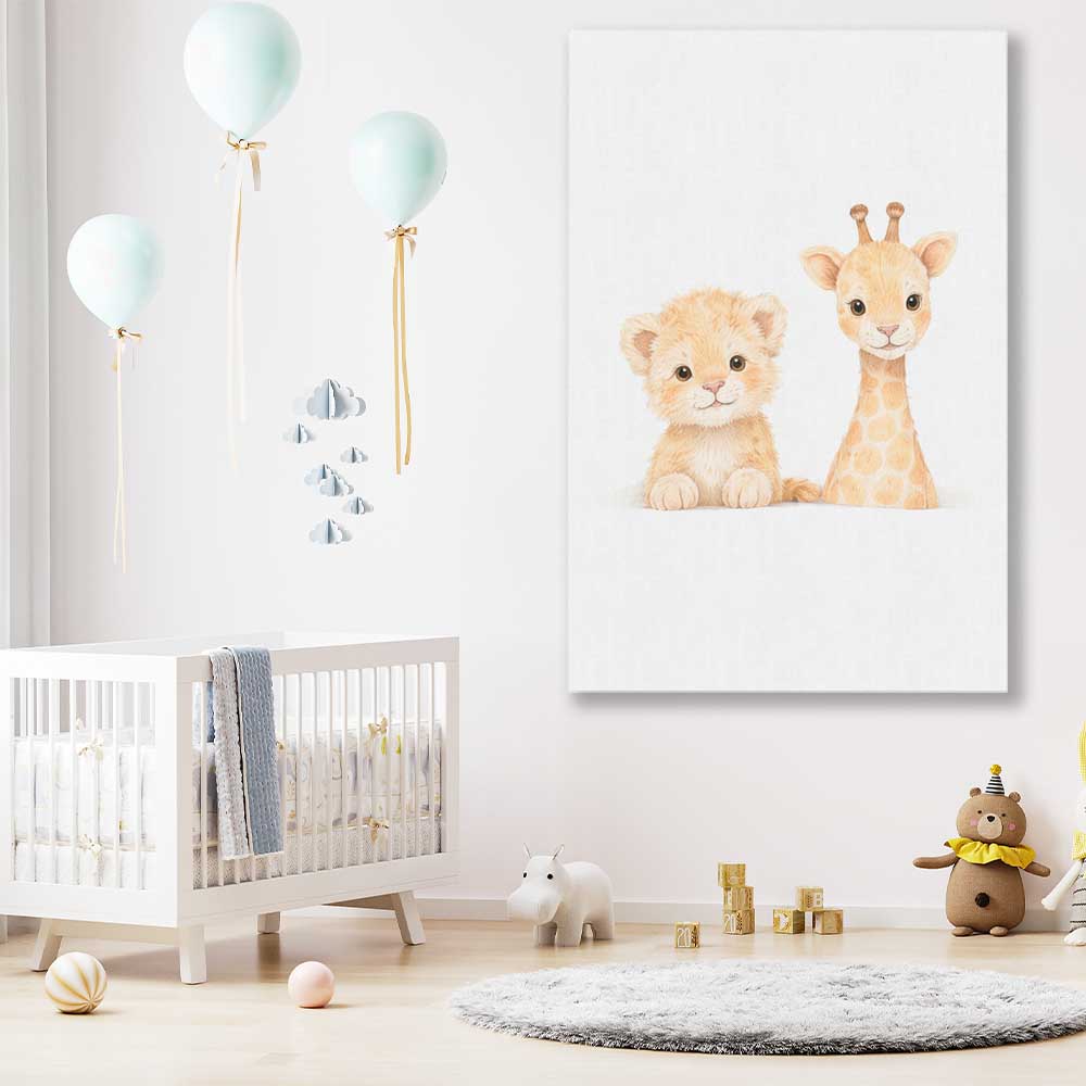 Little Safari Friends stretched canvas displayed in a room is a nursery canvas wall art and print suited for childrens nursery area