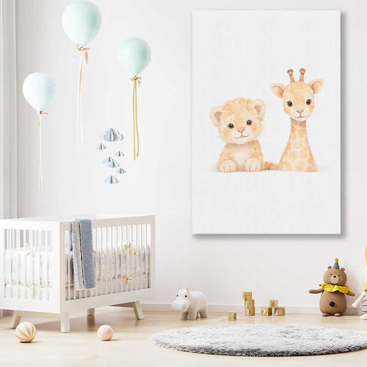 Little Safari Friends stretched canvas displayed in a room is a nursery canvas wall art and print suited for childrens nursery area