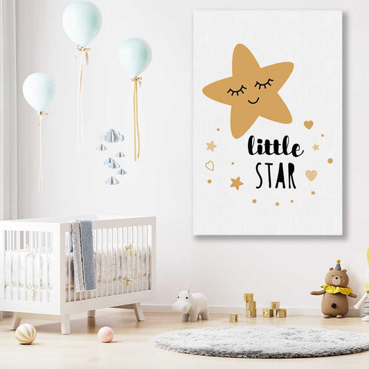 Little Star stretched canvas displayed in a room is a nursery canvas wall art and print suited for childrens nursery area