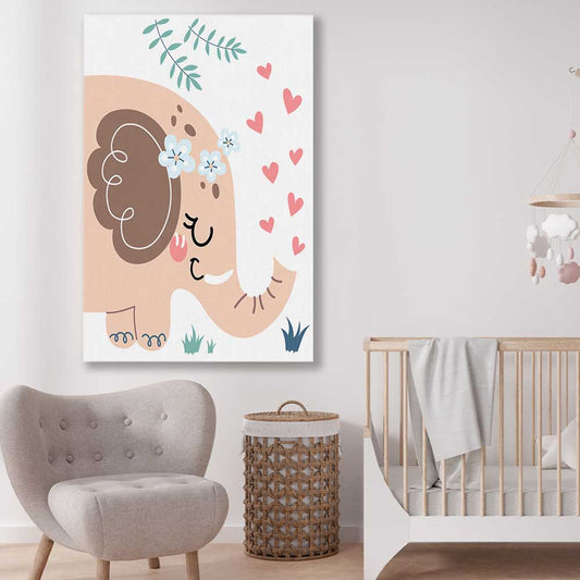 Loving Elephant stretched canvas displayed in a room is a nursery canvas wall art and print suited for childrens nursery area