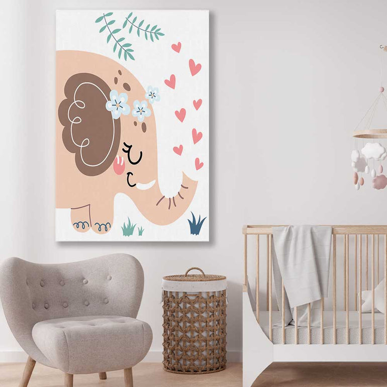 Loving Elephant stretched canvas displayed in a room is a nursery canvas wall art and print suited for childrens nursery area