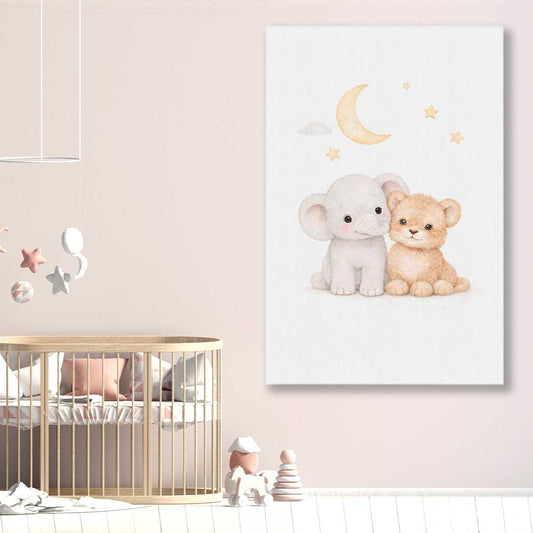 Moonlight Companions stretched canvas displayed in a room is a nursery canvas wall art and print suited for childrens nursery area