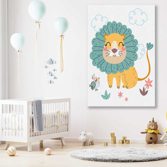 Safari Lion stretched canvas displayed in a room is a nursery canvas wall art and print suited for childrens nursery area