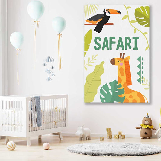 Safari Roaming stretched canvas displayed in a room is a nursery canvas wall art and print suited for childrens nursery area