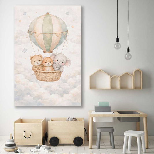 Soaring Animal Trio stretched canvas displayed in a room is a nursery canvas wall art and print suited for childrens nursery area