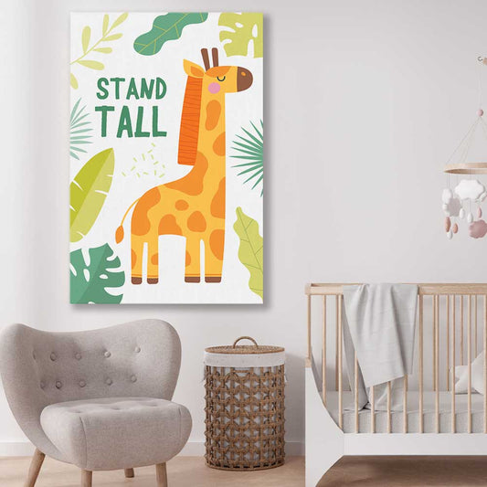 Tall Giraffe stretched canvas displayed in a room is a nursery canvas wall art and print suited for childrens nursery area