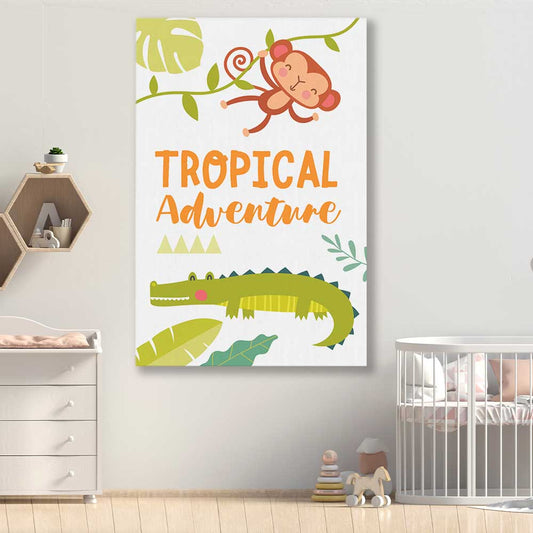 Tropical Adventure stretched canvas displayed in a room is a nursery canvas wall art and print suited for childrens nursery area
