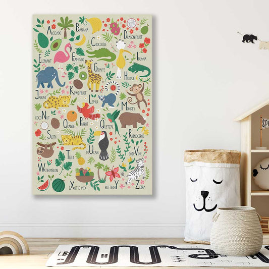 Tropical Alphabet Light stretched canvas displayed in a room is a nursery canvas wall art and print suited for childrens nursery area