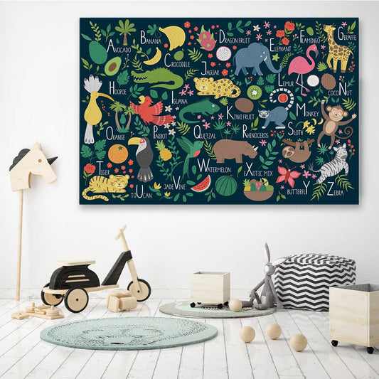 Tropical Alphabet stretched canvas displayed in a room is a nursery canvas wall art and print suited for childrens nursery area