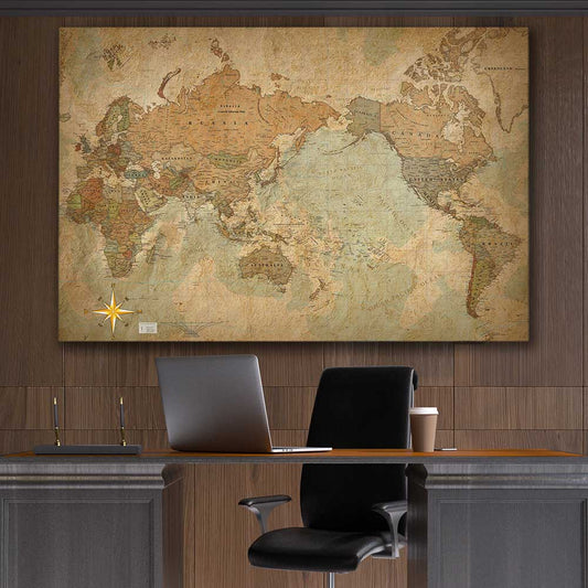 Antique World stretched canvas displayed in a room is a high quality print in our city skyline, travel prints and maps collection
