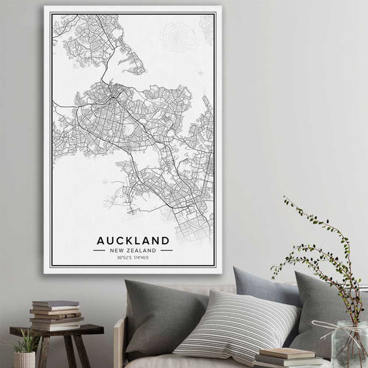 Auckland City stretched canvas displayed in a room is a high quality print in our city skyline, travel prints and maps collection