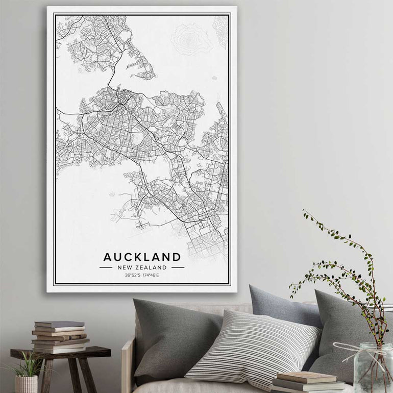 Auckland City stretched canvas displayed in a room is a high quality print in our city skyline, travel prints and maps collection
