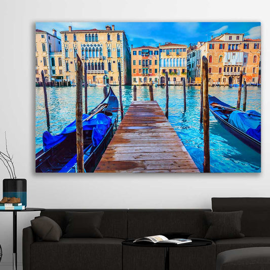 Blue Gondolas Venice stretched canvas displayed in a room is a high quality print in our city skyline, travel prints and maps collection