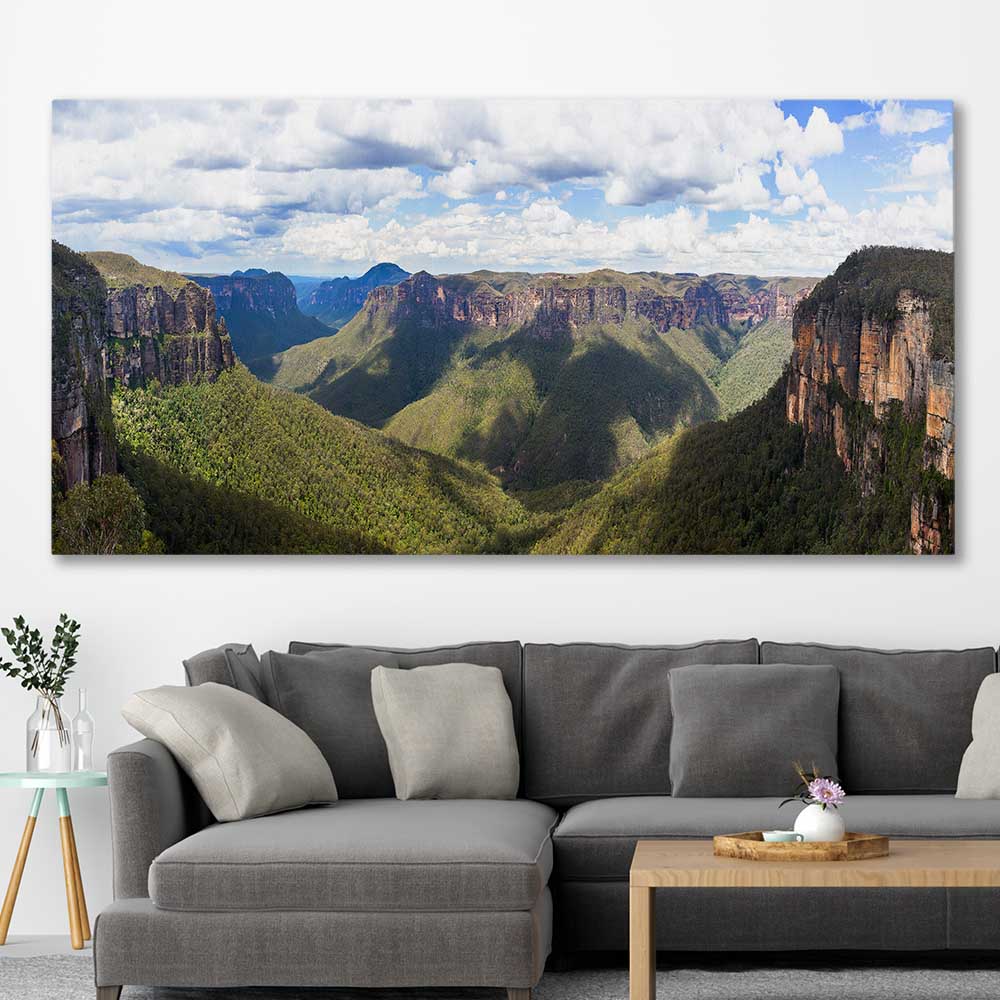 Blue Mountains Valley stretched canvas displayed in a room is a high quality print in our city skyline, travel prints and maps collection