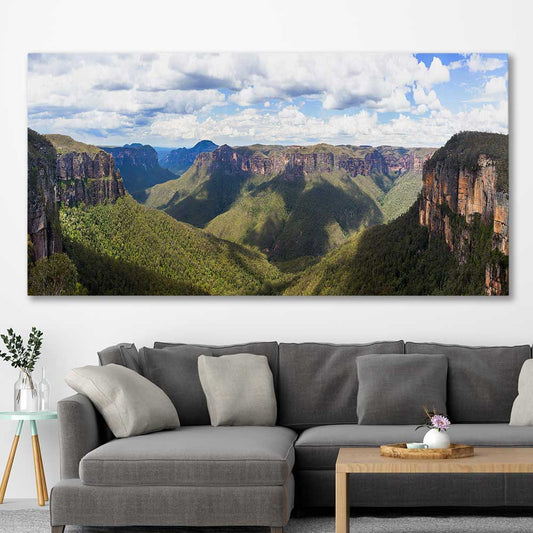 Blue Mountains Valley stretched canvas displayed in a room is a high quality print in our city skyline, travel prints and maps collection