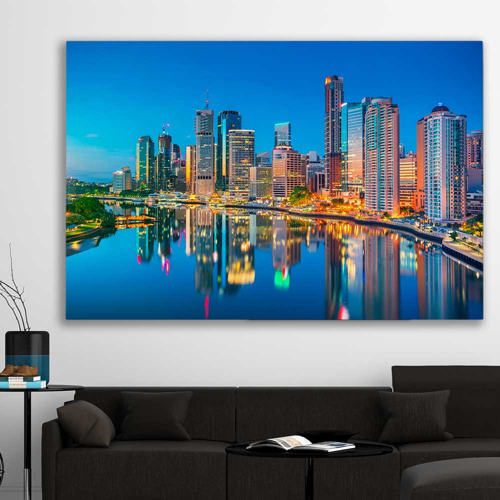 Brisbane Dawn Reflections stretched canvas displayed in a room is a high quality print in our city skyline, travel prints and maps collection