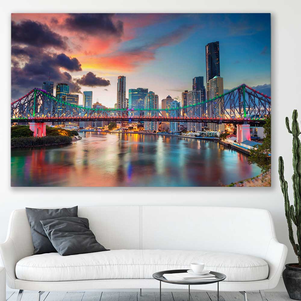 Brisbane Evening Sunset stretched canvas displayed in a room is a high quality print in our city skyline, travel prints and maps collection