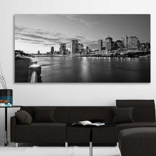 Brisbane Skyline stretched canvas displayed in a room is a high quality print in our city skyline, travel prints and maps collection
