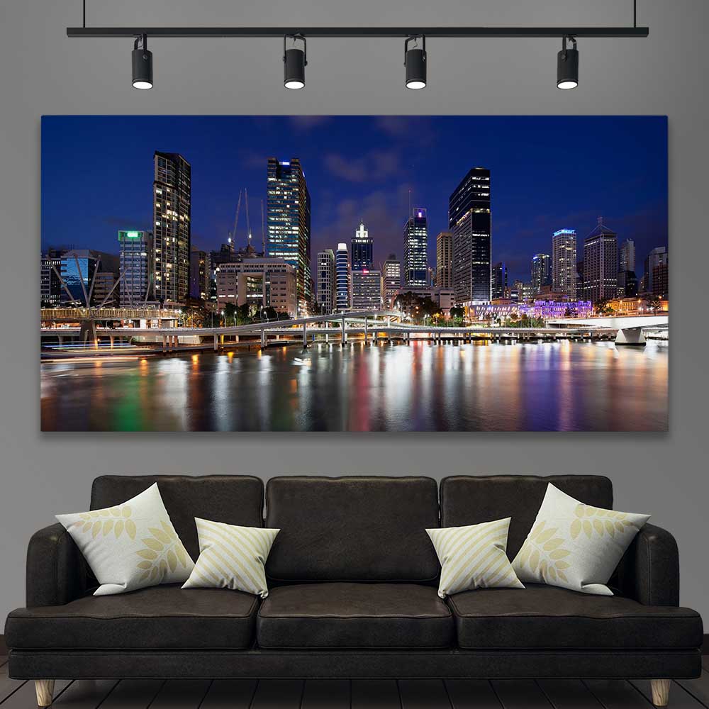 Brisbane Southbank Glow stretched canvas displayed in a room is a high quality print in our city skyline, travel prints and maps collection