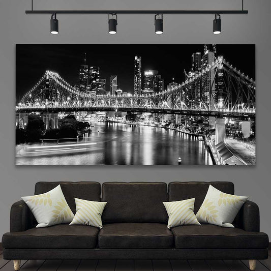 Brisbane Story Bridge stretched canvas displayed in a room is a high quality print in our city skyline, travel prints and maps collection